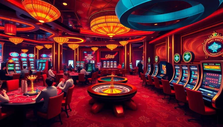 Experience the excitement of trang chủ UU88 at a thrilling casino with poker tables, roulette, and vibrant slot machines.