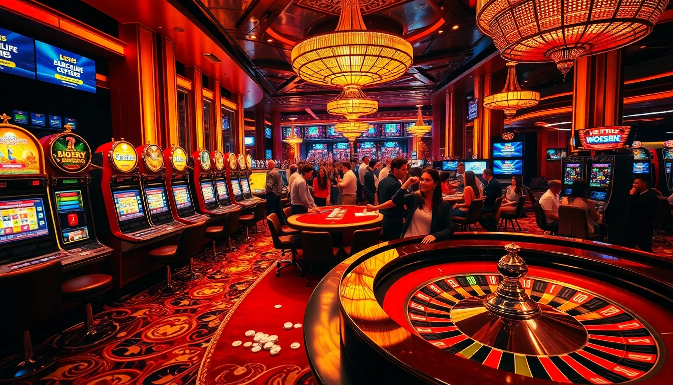Website featuring a bustling casino scene with players at tables and slot machines, highlighting the excitement of gambling.
