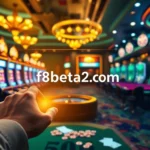 Engaging in online gaming at f8beta2 com with vibrant slot machines and a digital roulette wheel.