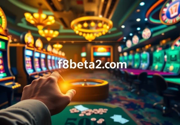 Engaging in online gaming at f8beta2 com with vibrant slot machines and a digital roulette wheel.
