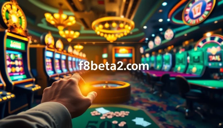 Engaging in online gaming at f8beta2 com with vibrant slot machines and a digital roulette wheel.