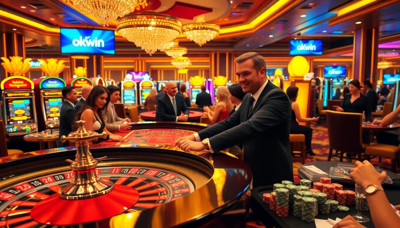View of a lively casino table where players engaged in roulette embody the thrill of gaming, showcasing okwin excitement with poker chips and cards.