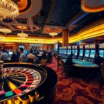 Experience the thrill of Nhà cái KP88 as players engage in exciting casino activities amidst vibrant roulette tables and slot machines.