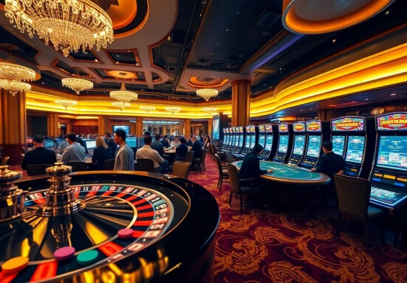Experience the thrill of Nhà cái KP88 as players engage in exciting casino activities amidst vibrant roulette tables and slot machines.
