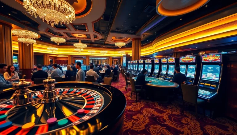 Experience the thrill of Nhà cái KP88 as players engage in exciting casino activities amidst vibrant roulette tables and slot machines.